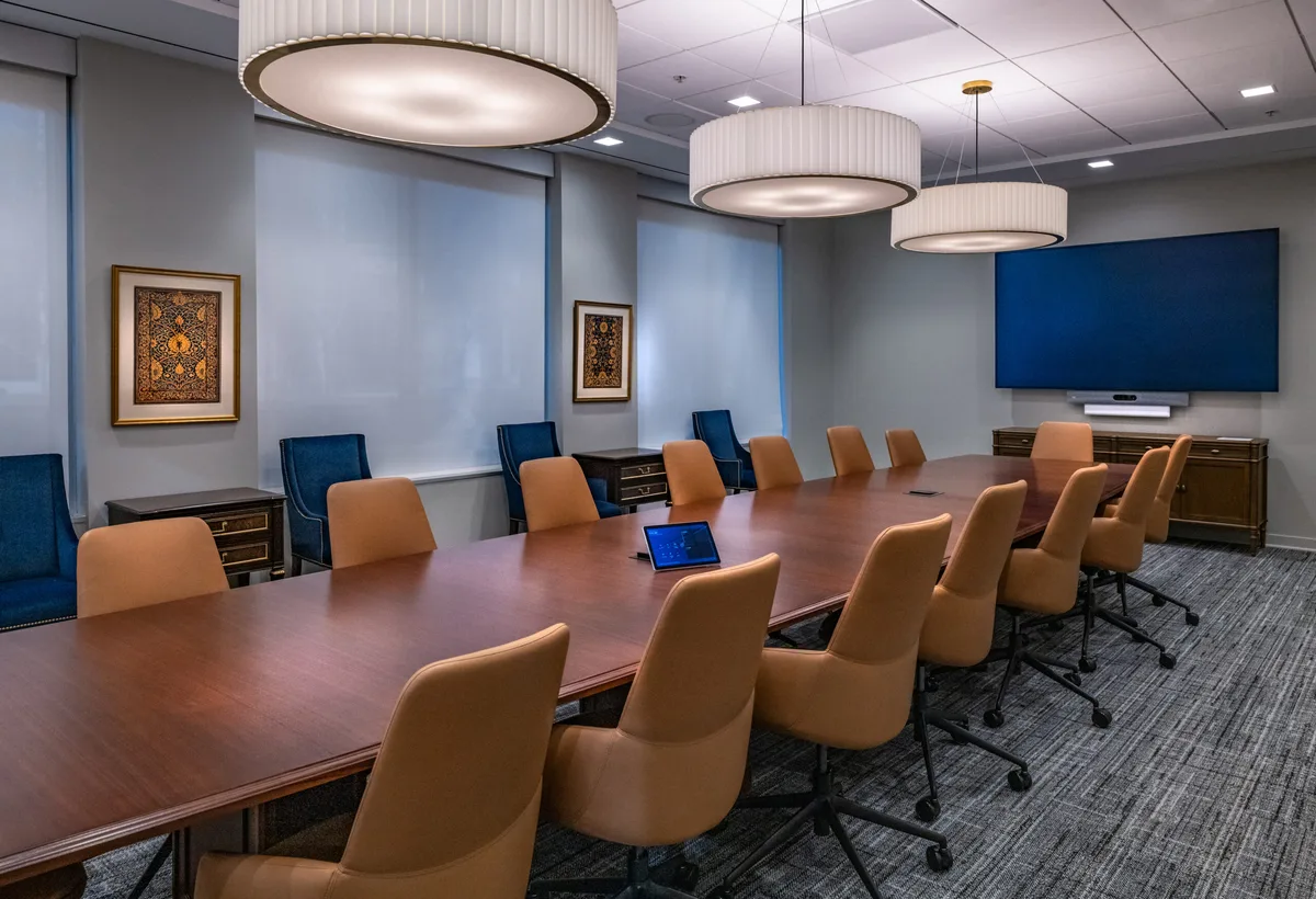 Executive boardroom with pendant lighting